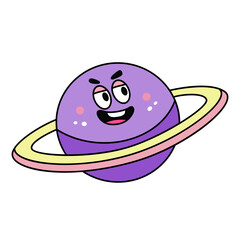 Funny smiling planet sticker. Planet character isolated on white background. Vector illustration in cartoon style