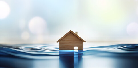 Nature disaster and business insurance concept: model wooden house submerged under water.   - obrazy, fototapety, plakaty