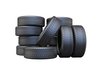 3D rendering of set of tires for car on white background no shadow