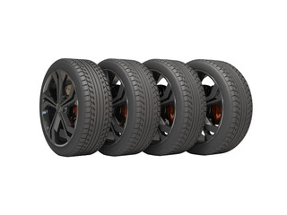 3D rendering of set of wheels for car side view on white background no shadow