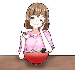 ラーメンを美味しそうに食べる女性