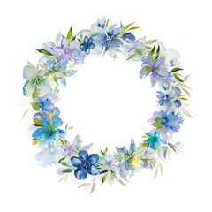 Round flower frame. Floral watercolor element. Shades of blue and pink