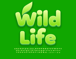 Vector eco banner Wild Life with decorative Leaf. Trendy Alphabet Letters, Numbers and Symbols set. Modern 3D Font 