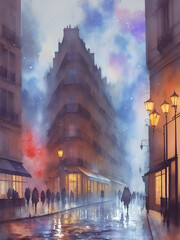 Abstract Paris street watercolor. AI generated illustration