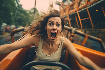 Woman Overcoming Rollercoaster Fear. Generative AI - obrazy, fototapety, plakaty