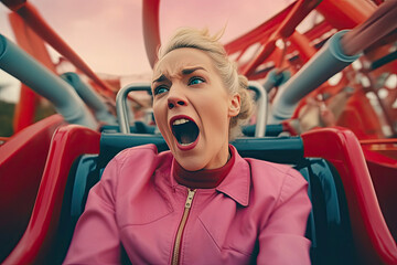Heart-Pounding Rollercoaster Adventure: Woman's Reaction. Generative AI