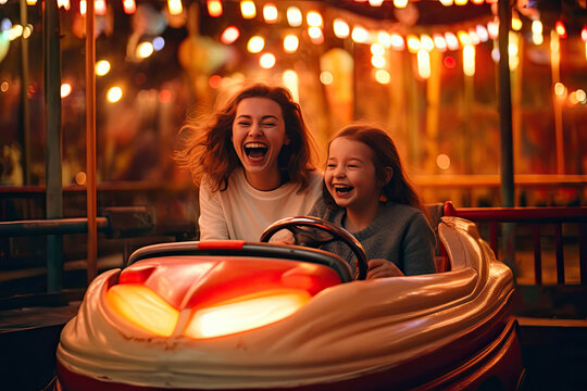Excited mother and daughter enjoying a bumper car ride. Generative AI