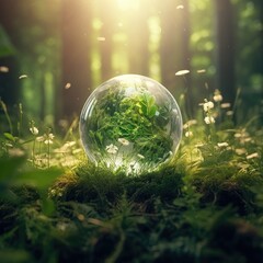 Glass sphere in the forest, grass and sun