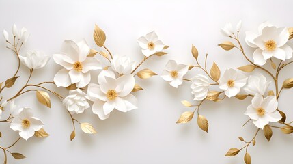 White magnolia flowers with golden leaves on white background. 3d render.generative ai.
