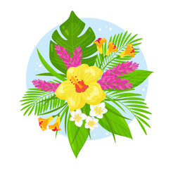 Tropical flowers and leaves. Bouquet with hibiscus, ginger flower, white frangipani flowers and palm leaves. Summer vector illustration