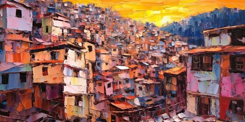 Fototapeta premium AI Generated. AI Generative. Brazil Rio Favela city urban town poor house building color landscape. Adventure travel draw paint art vibe. Graphic Art