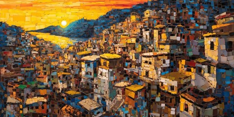 Obraz premium AI Generated. AI Generative. Brazil Rio Favela city urban town poor house building color landscape. Adventure travel draw paint art vibe. Graphic Art