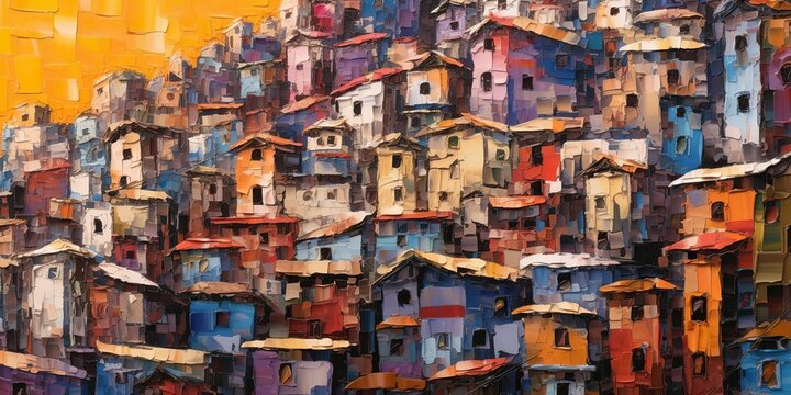 AI Generated. AI Generative. Brazil Rio Favela city urban town poor house building color landscape. Adventure travel draw paint art vibe. Graphic Art