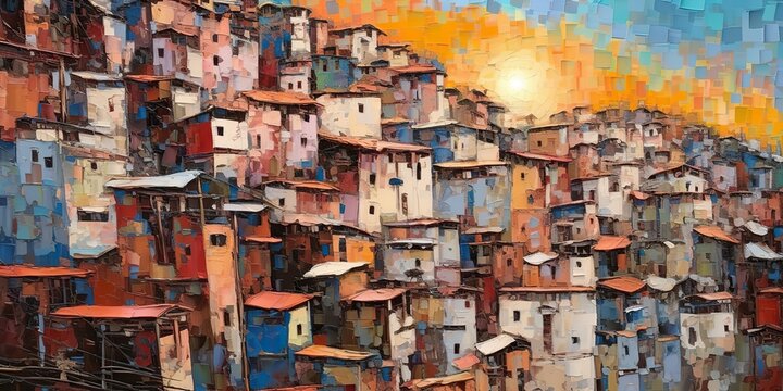 AI Generated. AI Generative. Brazil Rio Favela city urban town poor house building color landscape. Adventure travel draw paint art vibe. Graphic Art
