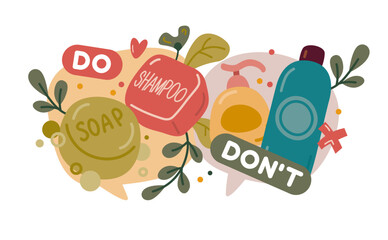 An illustration on the environmental theme of do and do not do, a comparison of toiletries, shampoo and soap in LDPE packaging and solid packaging.