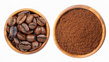 Roasted coffee beans and coffee powder (ground coffee) in wooden bowl isolated on white background. Top view. Flat lay.
