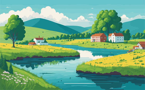 vector styled background illustration depicting a serene and picturesque countryside with rolling hills, quaint farmhouses, and a meandering river. The illustration should evoke a feeling of