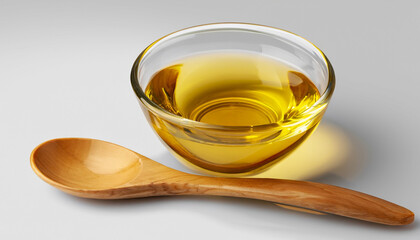 Soybean oil or vegetable cooking oil in glass bowl with wooden spoon isolated on white background...