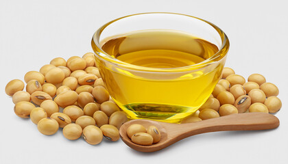 Soybean oil or vegetable cooking oil in glass bowl with wooden spoon isolated on white background...