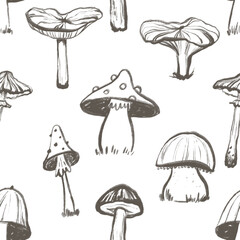 Seamless Doodle pattern with mushroom illustration. Endless background with mushroom in silhouette. Minimal style. Perfect for cards, party invitations, posters, nursery, stickers, clothing. Black abs