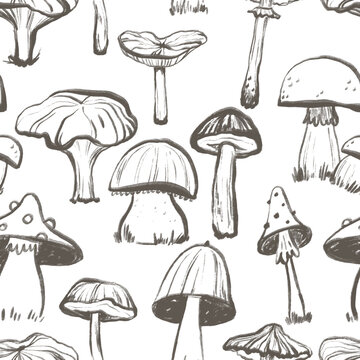 Seamless Doodle Pattern With Mushroom Illustration. Endless Background With Mushroom In Silhouette. Minimal Style. Perfect For Cards, Party Invitations, Posters, Nursery, Stickers, Clothing. Black Abs