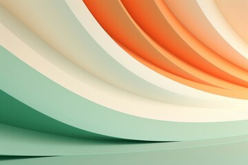 ペーパークラフト風背景。白と緑とオレンジの曲線的な壁がある抽象的な空間。AI生成画像