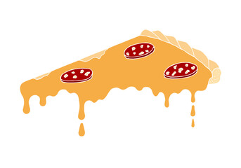 A piece of pizza with sausage and cheese, melted cheese cheese flowing down. Hand Drawn. Freehand drawing. Doodle. Sketch. Outline.