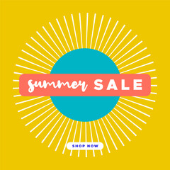 Summer sale. Shop now button. For social media post, promotional banner or advertising. Vector illustration, flat design