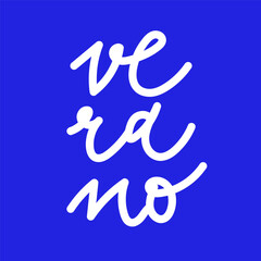 Obraz premium Summer vibrant blue background. Summer lettering in Spanish: Verano. For social media post, promotional banner or advertising. Vector illustration, flat design