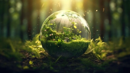 Obraz na płótnie Canvas Glass sphere in the forest, grass and sun
