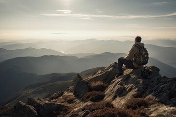 Hiker enjoying the view at the summit of a mountain