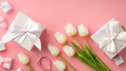 Obraz na płótnie Canvas Mothers Day decorations concept. Top view photo of trendy gift boxes with ribbon bows and tulips on isolated pastel pink background with copyspace