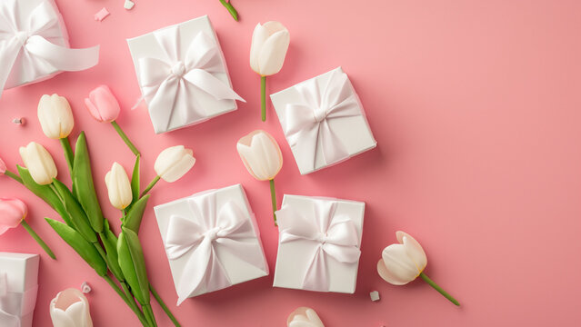 Mothers Day decorations concept. Top view photo of trendy gift boxes with ribbon bows and tulips on isolated pastel pink background with copyspace