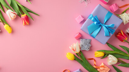 Mothers Day decorations concept. Top view photo of trendy gift boxes with ribbon bows and tulips on isolated pastel pink background with copyspace