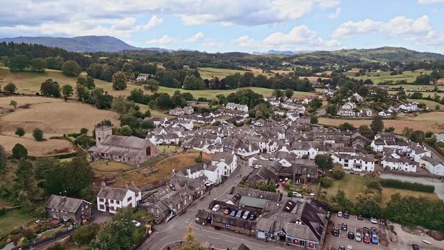 Drone, aerial footage of the historic village of Hawkshead a ancient town in the Lake District, Cumbria.