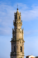 Fototapeta na wymiar Medieval church tower in Porto, Portugal. Torre dos Clerigos