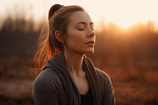 Young fitness woman practicing calming breathing exercises during a yoga session in the serene and beautiful silence of nature