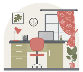 Interior design of a room with furniture: a desk, a computer chair, a picture on the wall, indoor plants, a wall clock, a window with curtains, a table lamp. Workplace.