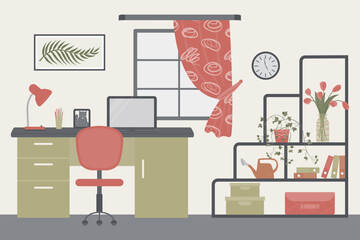 Interior design of an office with furniture: a desk, a computer chair, shelves, a picture on the wall, indoor plants, a watering can, fresh flowers in a glass vase, storage boxes, folders,clock.
