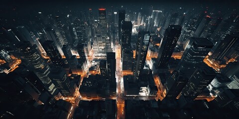 AI Generated. AI Generative. Night above air aerial drone panoramic city urban skyscraper town landscape view. Adventure travel journey fly vibe. Graphic Art