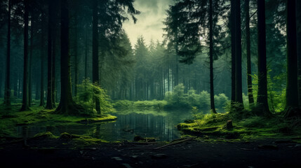 Fototapeta na wymiar Peaceful forest meditation background misty atmosphere, background