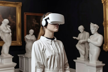 Generative AI illustration of Museum employee with virtual reality headset in a museum