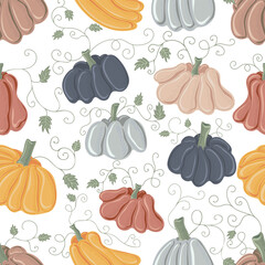 Seamless pattern with colorful pumpkins. Autumn design. Thanksgiving and harvest concept. Modern print for fabric, textiles, wrapping paper. Vector illustration