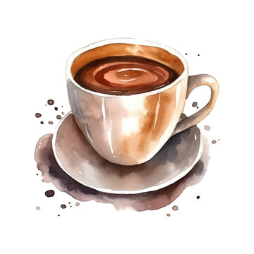 Vector watercolor cup of coffee, latte cappuccino espresso with heart, isolated on white background. Vector illustration hand drawn