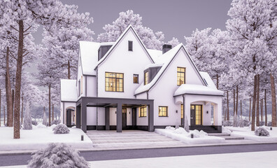 3d rendering of cute cozy white and black modern Tudor style house with parking  and pool for sale or rent with beautiful landscaping. Cool winter evening with cozy light from windows