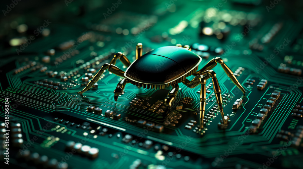 Aufkleber high tech electronic circuit board background affected by bug background with a copy space