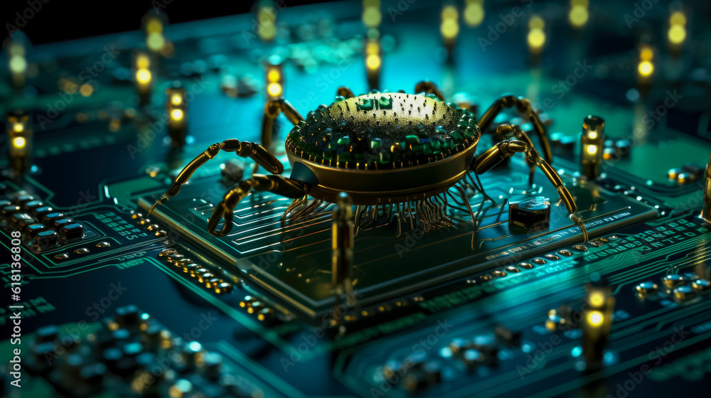 Poster high tech electronic circuit board background affected by bug background with a copy space