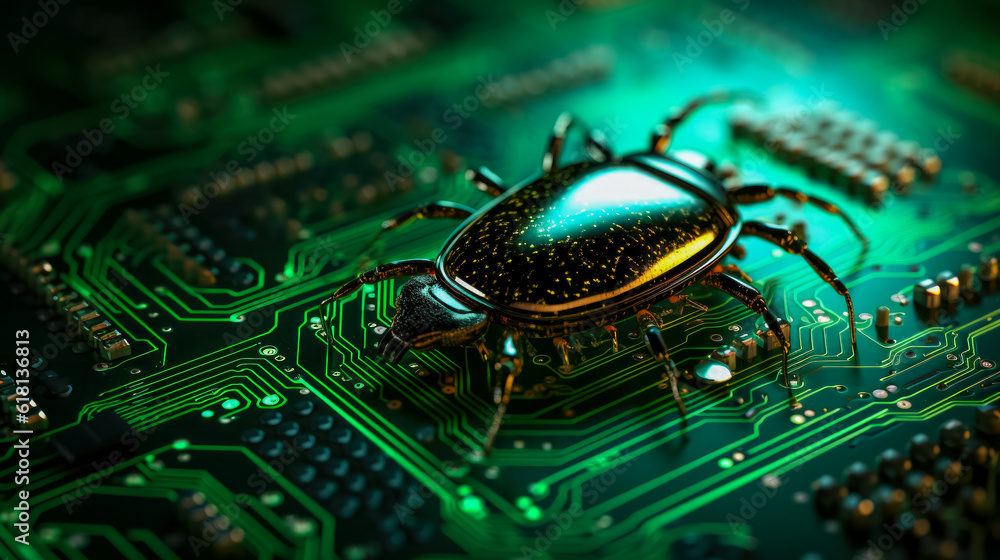 Aufkleber high tech electronic circuit board background affected by bug background with a copy space