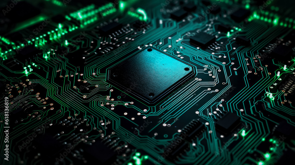 Poster high tech electronic circuit board background affected by bug background with a copy space