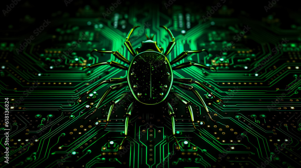 Poster high tech electronic circuit board background affected by bug background with a copy space